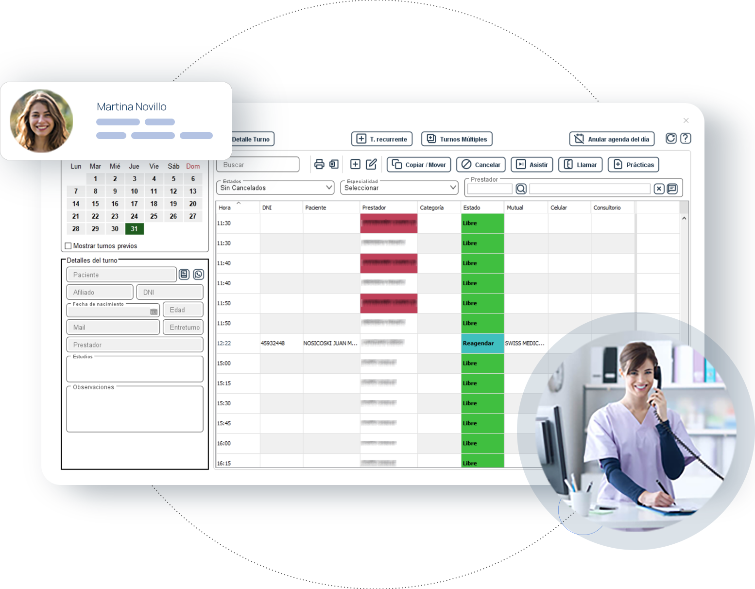 Software de gestión administrativa con agenda a la vista con posibilidad de filtrar por profesional, especialidad y tipo de turno. 